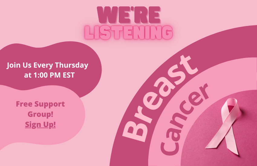 Banner for Breast Cancer Support Group, We're Listening. Join us on the 1st and 3rd Thursday of Each Month at 1:00 PM EST.
